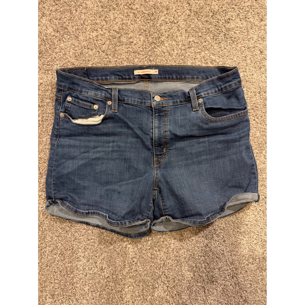 Levi Denim Shorts Women 34 Blue Mid Length Cuffed Stretch Medium Wash